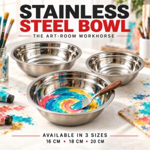 Stainless steel bowls for art-room mixing, available in 16 cm, 18 cm and 20 cm sizes
