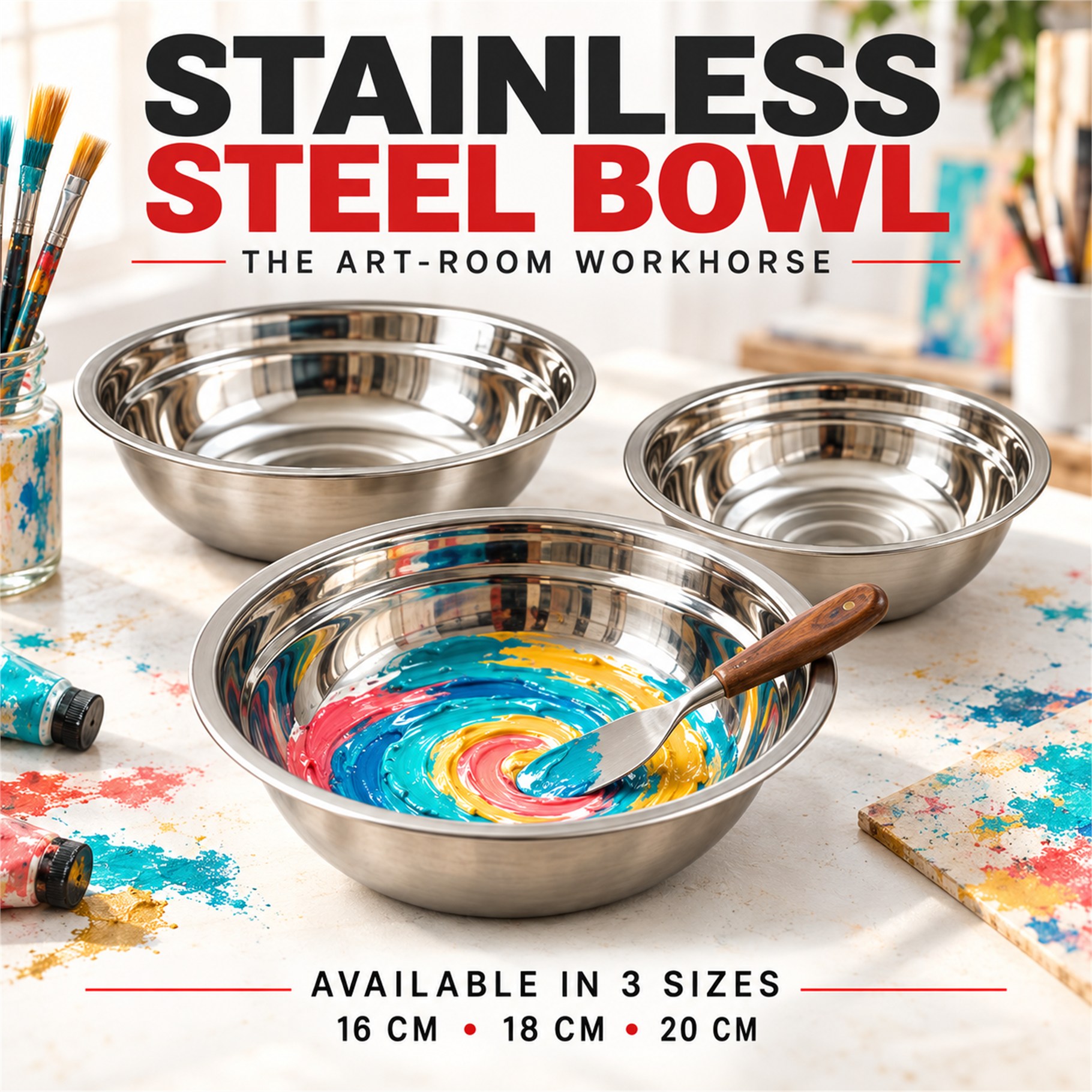 Stainless steel bowls for art-room mixing, available in 16 cm, 18 cm and 20 cm sizes