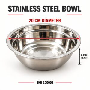 Stainless steel bowl, 20 cm diameter and 2-inch height, SKU 250002
