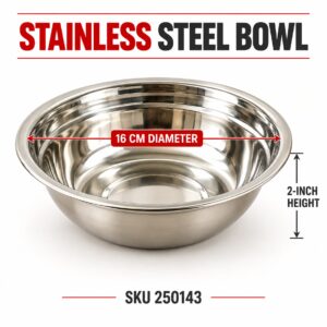Stainless steel bowl, 16 cm diameter and 2-inch height, SKU 250143