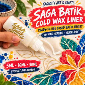 SAGA Batik Cold Wax Liner with approved gold brush-lettered label, available in 5ml, 10ml and 30ml