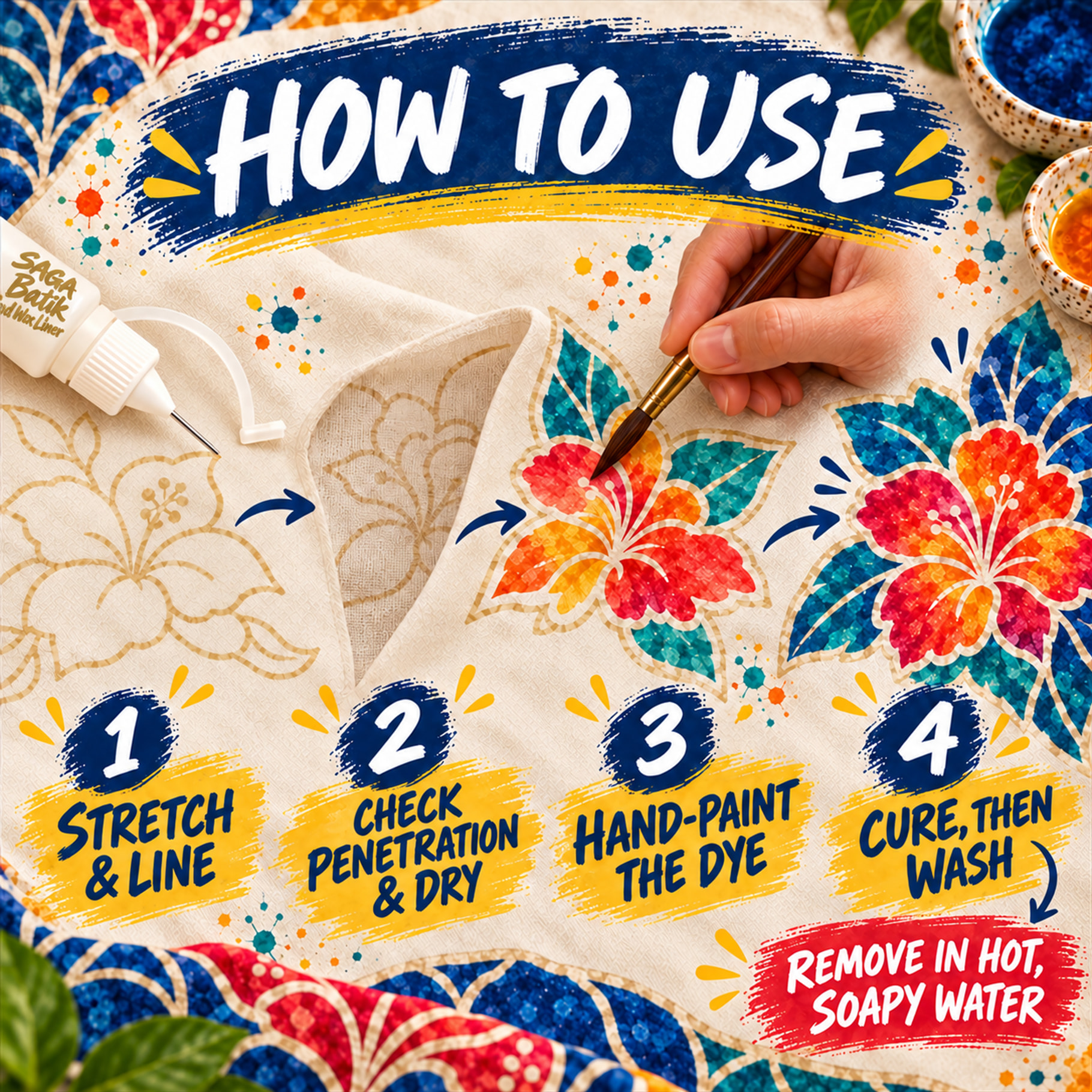 How to use SAGA Batik Cold Wax Liner: outline, dry, colour, cure and wash