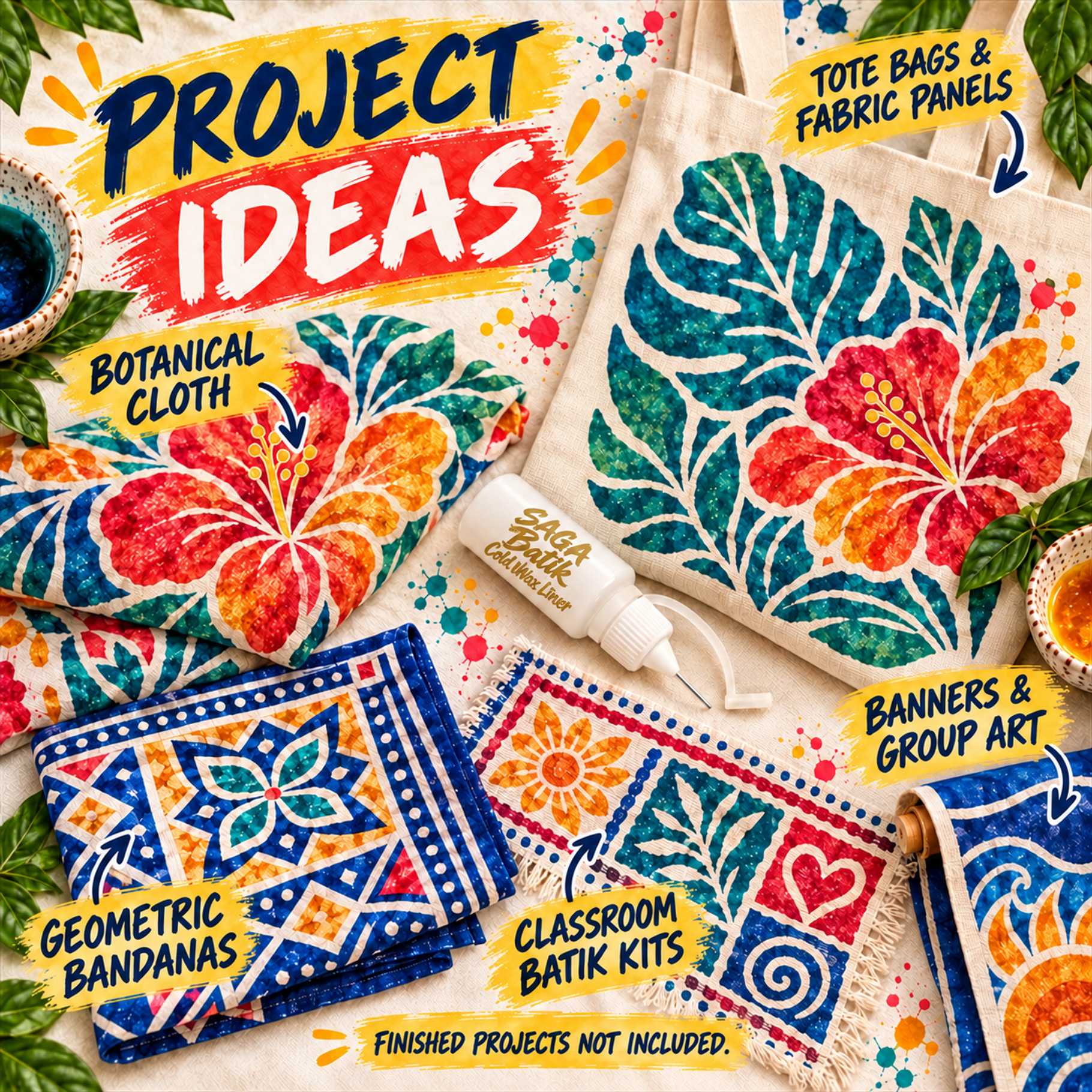 SAGA Batik Cold Wax Liner project ideas: botanical cloth, bandanas, tote bags and banners